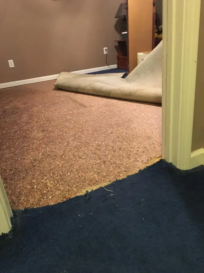 Carpet pad removal revealing water damage during Drying & Dehumidification in Cornelia